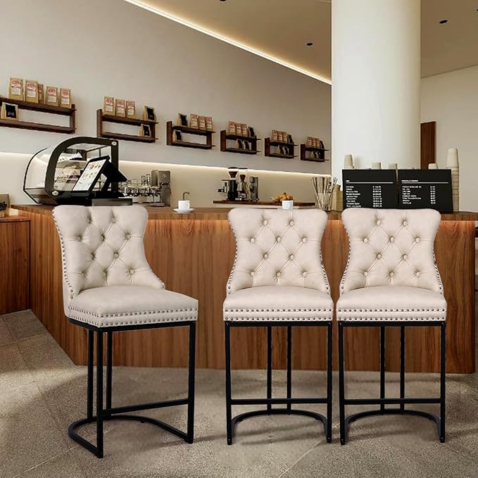 UVV Counter Height Bar Stools Set of 6, 26" Modern Barstools with Back, Faux Leather Upholstery Counter Chairs with Metal Legs for Kitchen Island, Bar, Counter, Beige