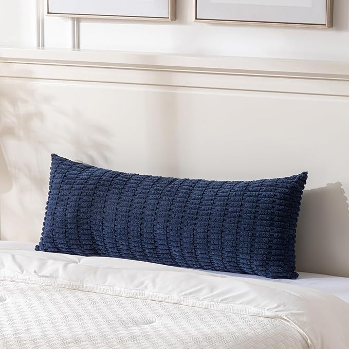 Fancy Homi 2 Packs Navy Blue Long Body Lumbar Decorative Throw Pillow Covers 14x36 Inch for Bed Couch Bedroom Bench, Soft Corduroy Rectangle Solid Pillow Case, Rustic Farmhouse Boho Room Decor