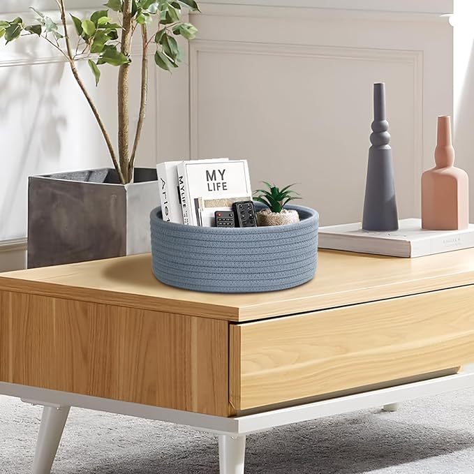 Small Shelf Storage Baskets for Organizing, 6 Pack Round Cotton Rope Bins, Decorative and Cute Woven Baskets for Bedroom and Closet, Key Tray Bowl, Home Decor Countertop Organizer (Blue)