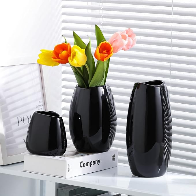 hjn Ceramic Vase Set of 3 Black Flower Vase for Home Decor, Modern Decorative Vase for Flowers/Ideal Shelf Decor/Table/Living Room/Kitchen/Office-Black