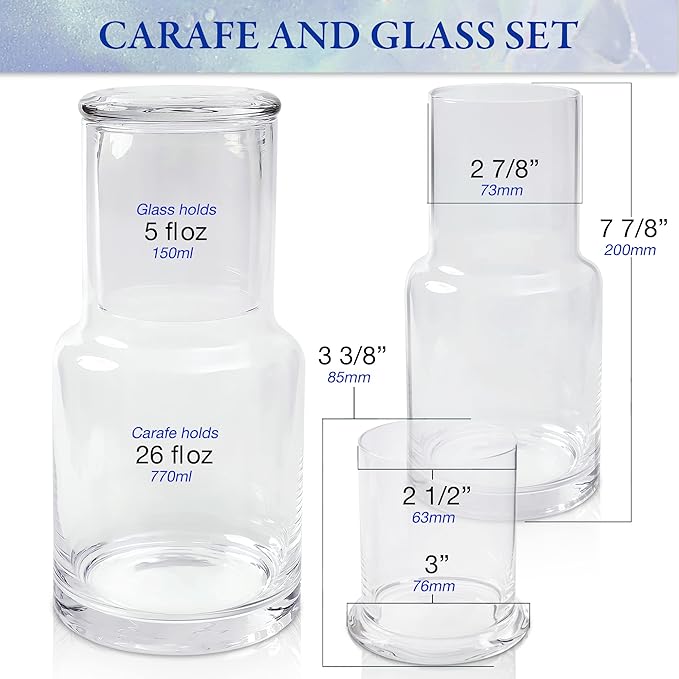 Bedside water carafe and glass set or mouth wash container for bathroom, drip free water carafe with glass cup for nightstand, modern carafe pitcher with cup