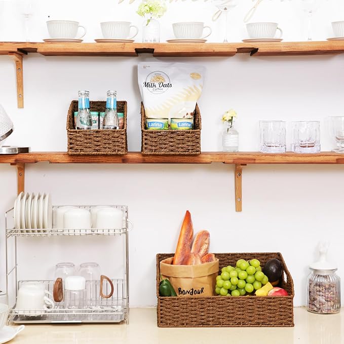 Pantry Organizers, Wicker Storage Baskets for Fruit, Bread, Vegetable, Boho Decorative Basket, Shelf Baskets for Kitchen Counter with Handles, Paper Storage Bins for Shelves, 3 Pack, Brown