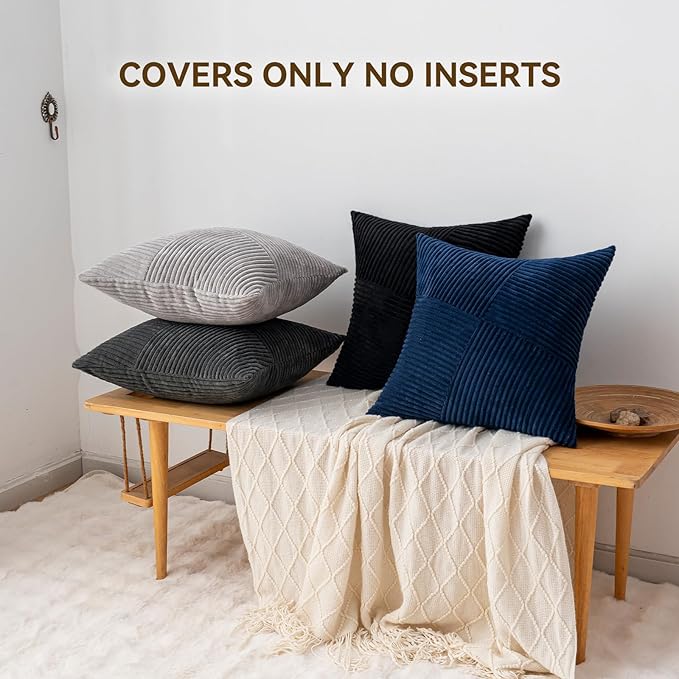 Decorative Throw Pillow Covers 20x20 Inch Set of 4 for Boho Living Room Farmhouse Home Decor, Spring Pillow Covers for Couch Bed, Soft Corduroy Striped Patchwork Cushion Cases, Cool Colors