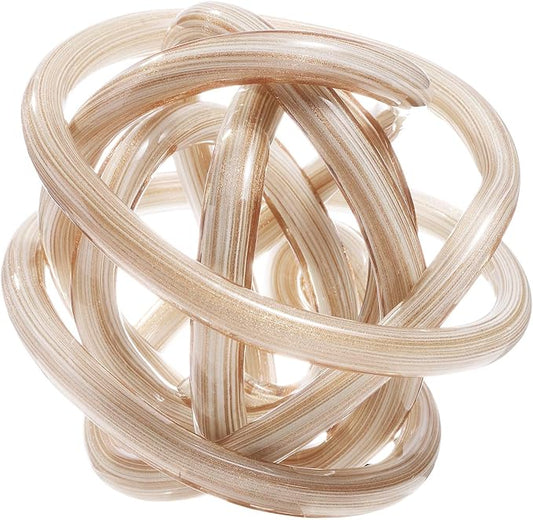 Luxury Lane Hand Blown Infinity Knot Sommerso Decorative Glass Ball for Bowls Home Decor 8 inch Tall Orbit Centerpiece Table Decoration Sculpture White Gold