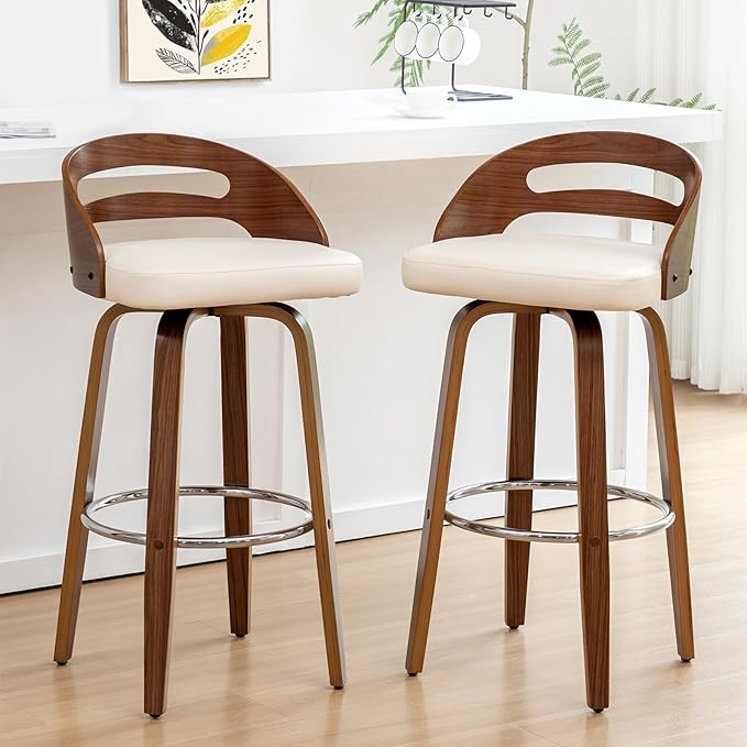 Bar Stools Set of 2, Swivel Bar Stools with Walnut Craftsmanship, Bentwood Curved Back, Upholstered Faux Leather, Soft Cushion Seat, Mid Century BarStools for Bar/Pub/Cafe (Beige, 30" Seat Height)