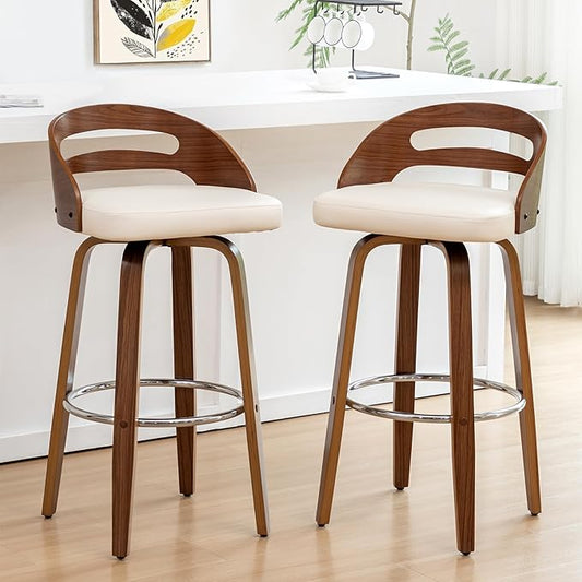 Bar Stools Set of 2, Swivel Bar Stools with Walnut Craftsmanship, Bentwood Curved Back, Upholstered Faux Leather, Soft Cushion Seat, Mid Century BarStools for Bar/Pub/Cafe (Beige, 30" Seat Height)