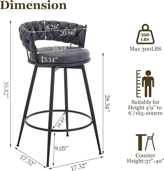Grey Bar Stools Set of 3, 28 Inch Counter Height Bar Stool with Metal Legs, 360° Swivel Barstools with Woven Back Leather Upholstered, Modern Chair for Kitchen Island, Cafe