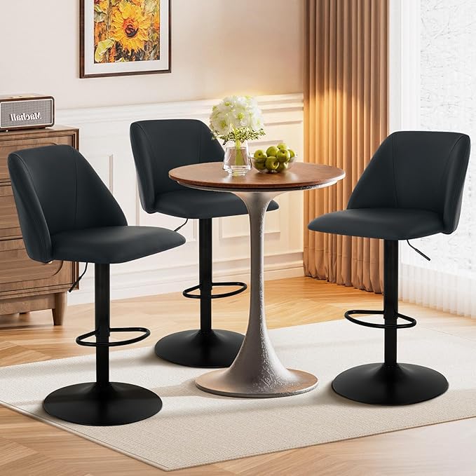 COLAMY Bar Stools Set of 6, Modern Swivel Bar Chairs, Adjustable PU Leather Upholstered Barstools Counter Height with Full Backrest for Bar, Dining Room, Kitchen Island, Black