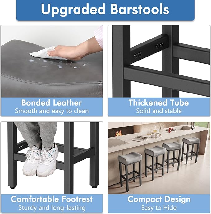 29 Inch Bar Height Bar Stools Set of 2, 29" Barstools for Kitchen Island Counter, Backless Bonded Leather Bar Height Stools with Thick Saddle Seats & Heavy Duty Metal Base, Easy Assembly, Gray/Black