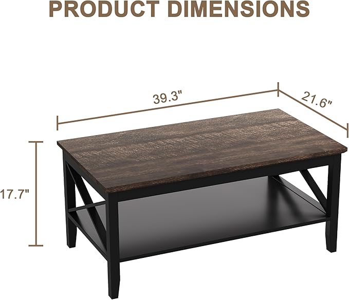ChooChoo Coffee Table, Wooden Coffee Tables with Thicker Legs, Black Coffee Table with Storage for Living Room