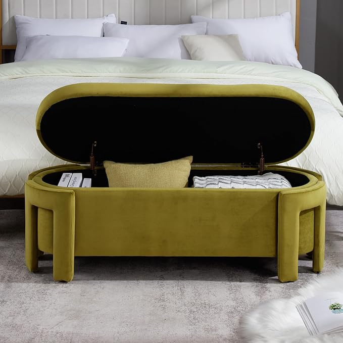 Modern Velvet Ottoman with Storage Entryway Bench for Living Room Comfy Upholstered End of Bed Bench with Safty Hinge for Bedroom/Living Room/Lounge/Corner, Olive