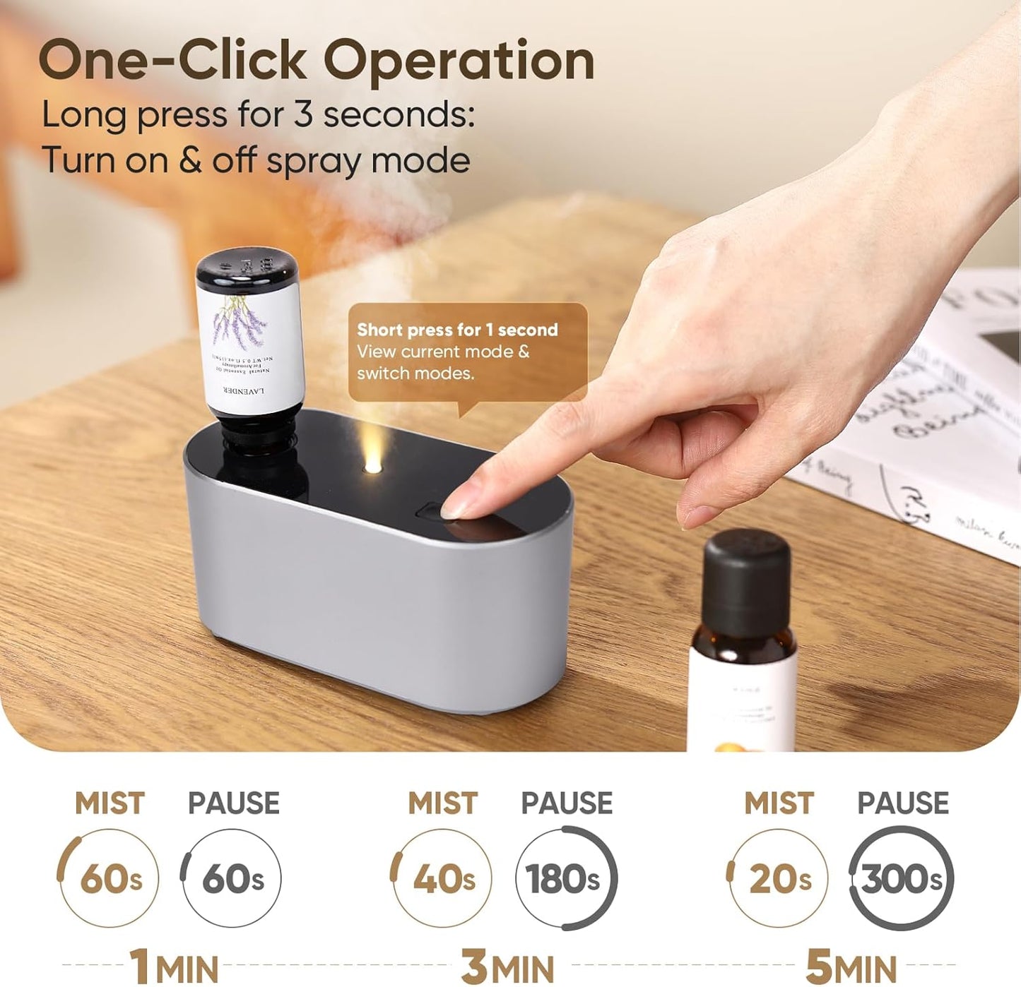 Waterless Diffuser for Home Essential Oil Diffuser, Aromatherapy Diffuser, Portable Scent Diffusers, 3 Mist Modes, Cycle Start for Bedroom, Office Studio 160 sq. ft Silver