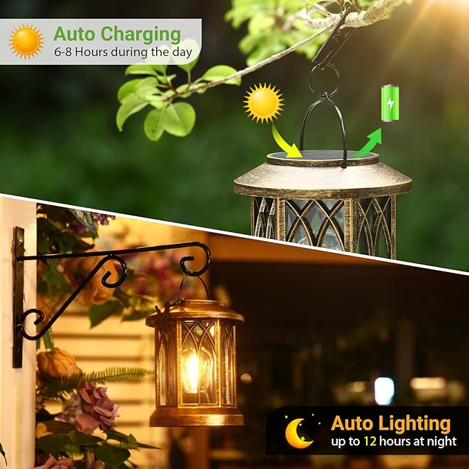 WdtPro Solar Lanterns Outdoor Lights, 2 Pack Bright Lanterns Outdoor Waterproof with Clip Patio Decor, Hanging Solar Lights for Outside Garden Yard Front Porch Table Decoration (Antique Copper)