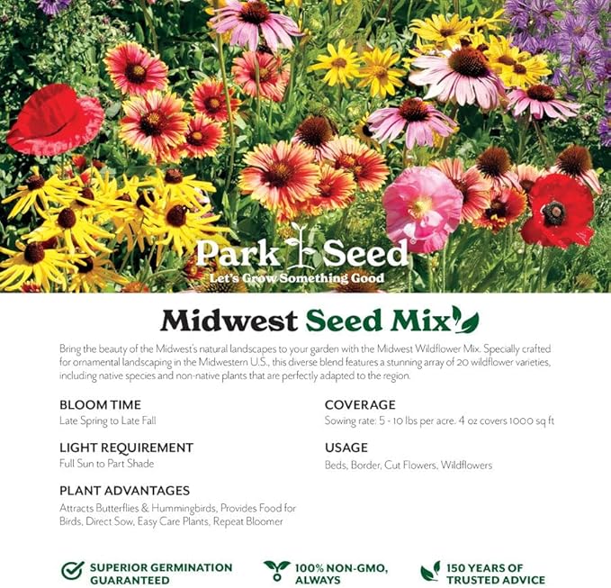 Park Seed Grow Your Own Vibrant Annual and Perennial Wildflower Garden Seeds Mixture, Easy to Grow Varieties for Pollinators and Spring Gardens - Midwest Regional Mix, 10 lbs