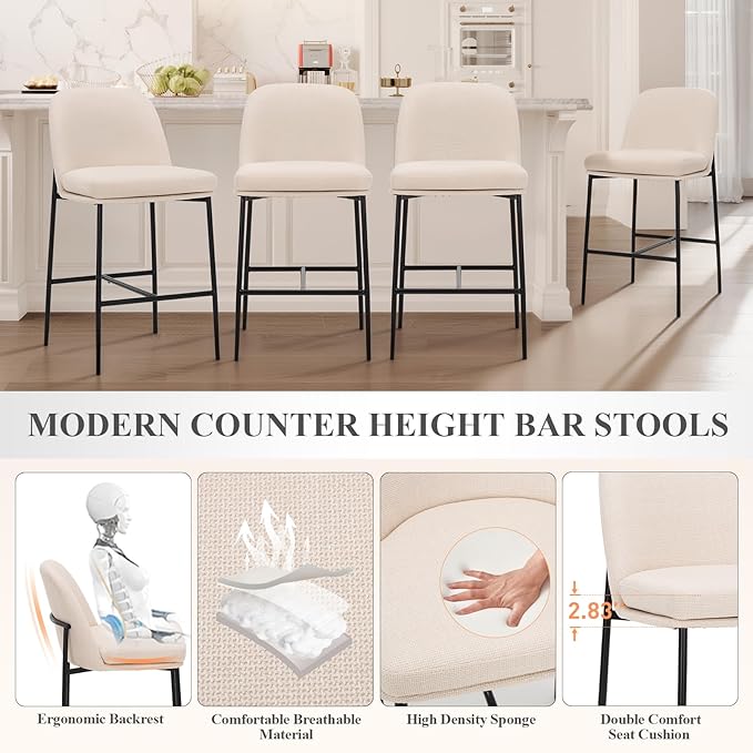 COLAMY Counter Height Bar Stools Set of 2, 25 Inch Modern Fabric Kitchen Island Stools with Back, Upholstered Counter Barstools Armless Bar Chairs with Metal Legs for Island Dining Room Bar, Beige