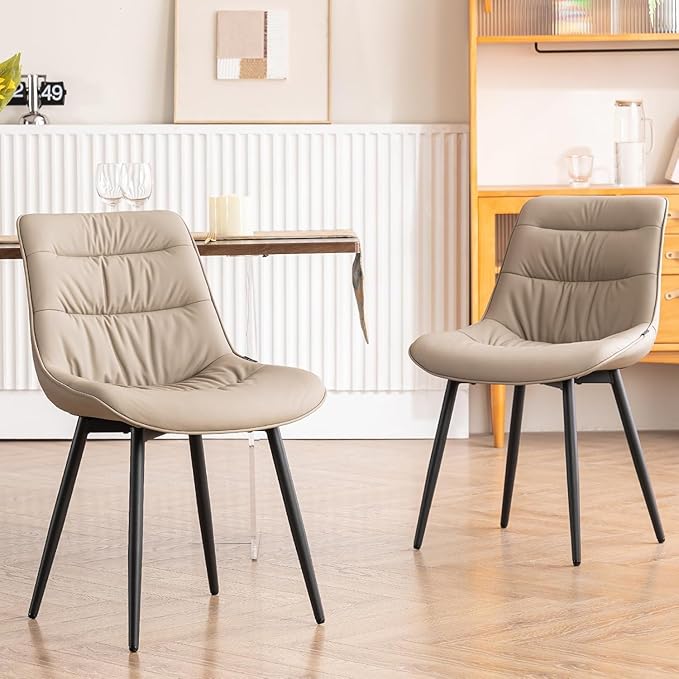 Kidol & Shellder Dining Chairs Set of 2, Modern Upholstered Faux Leather Kitchen Side Chairs with Comfortable Back - Mid-Century Armless Chair for Dining Living Room Bedrooms, with Metal Legs (Khaki)