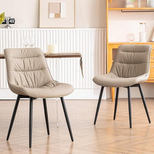 Kidol & Shellder Dining Chairs Set of 2, Modern Upholstered Faux Leather Kitchen Side Chairs with Comfortable Back - Mid-Century Armless Chair for Dining Living Room Bedrooms, with Metal Legs (Khaki)