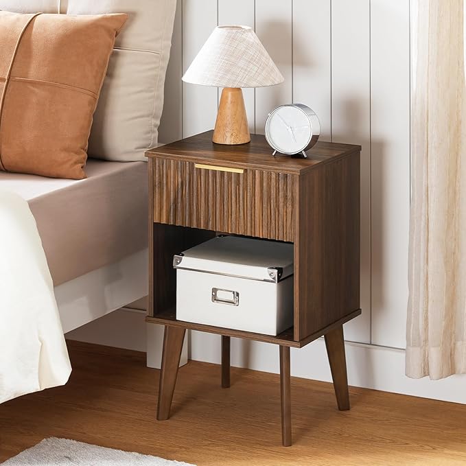 End Table, Fluted Night Stand, Modern Side Table, Bedside Table with 1 Drawer and 1 Open Compartment, Mid Century Nightstand, for Living Room, Bedroom, Study, Office, Walnut ETWA6201