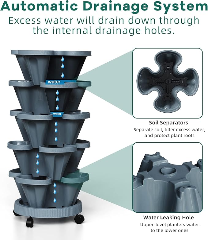 7 Tiered Strawberry Vertical Planters Tower Garden 2 Pack, Stacking Herb Vegetable Planter with Support Pole Indoor and Outdoor - Dark Grey