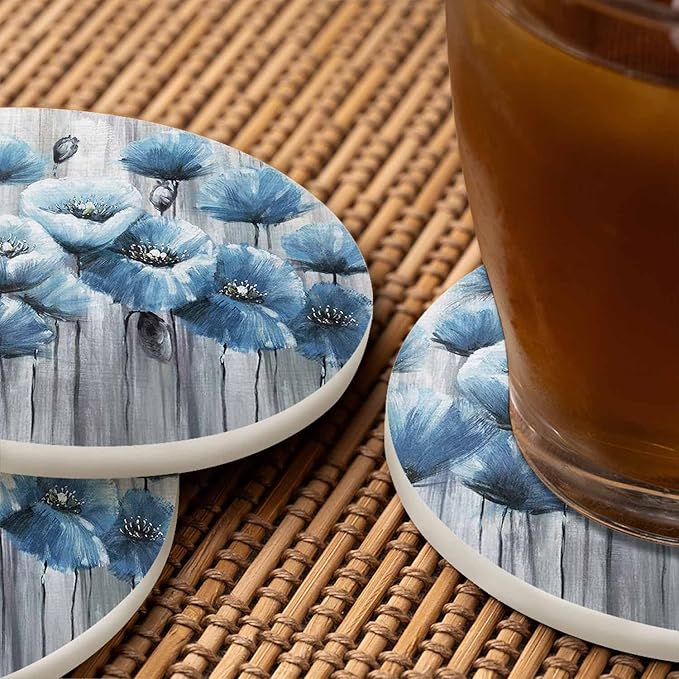 Blue Art Poppy Flowers Anti Slip Coasters Watercolor Oil Painting Beautiful Floral Cups Place Mats for Table Home Decor 4 Inches Living Room Kitchen Coffee Table,2 Pcs