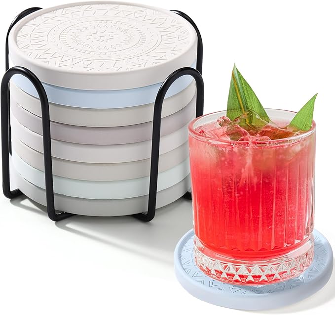 Photect Diatomaceous Earth Coasters Set with Holder Absorbent Stone Drink Coasters Instant Drying Tray for Tabletop Protection Home Decoration Housewarming Gift(Green,8 Pcs)