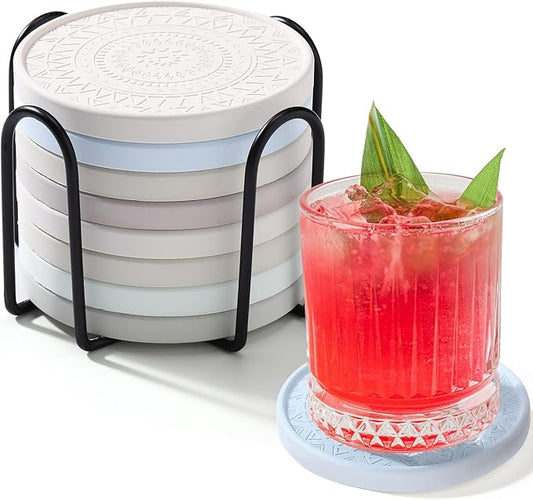 Photect Diatomaceous Earth Coasters Set with Holder Absorbent Stone Drink Coasters Instant Drying Tray for Tabletop Protection Home Decoration Housewarming Gift(Green,8 Pcs)