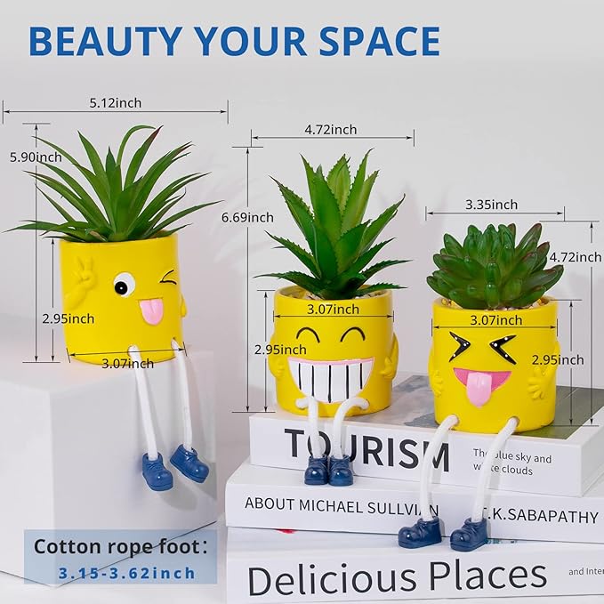 3Pcs Cute Fake Plants Small Potted Succulents with Yellow Pot, Creative Artificial Succulent Plants in Hanging Leg Fun Pot, Mini Vibrant Faux Plant for Home Office Desk Decor and Gift Choice