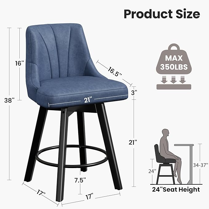 Counter Height Swivel Bar Stool, 24" Upholstered PU Leather Barstools Set of 8, Counter Stool Chair with Back & Solid Wood Legs for Kitchen Island Dining Room (Blue)
