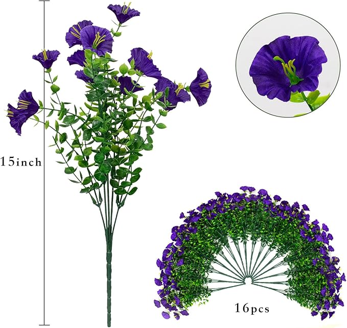 LikSoor 16 Bundles Artificial Flowers Outdoor Spring Summer Decoration Fake Silk Colorful Daisy Eucalyptus Realistic UV Outside Faux Plants for Garden Porch Window Box Home Decor Morning Glory Purple