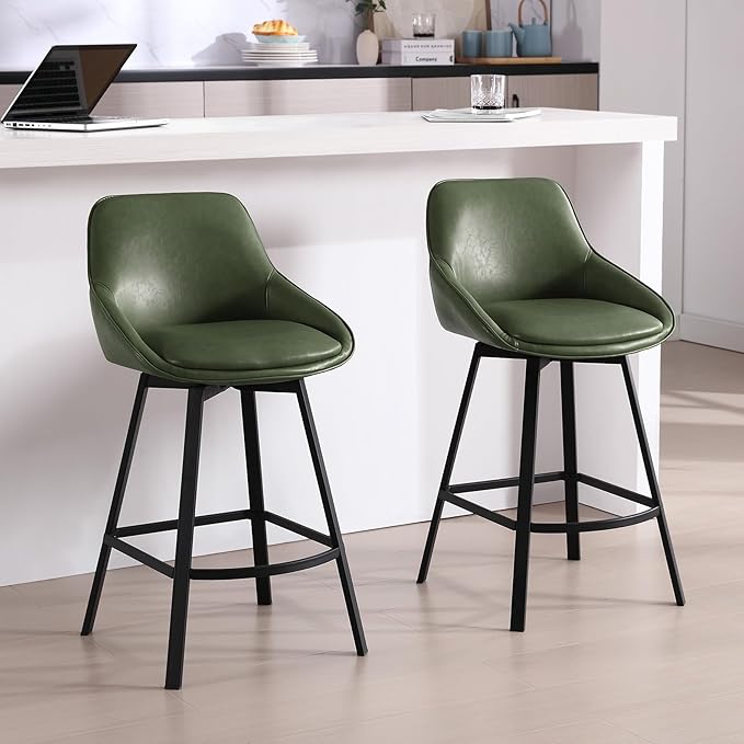 Zesthouse Swivel Counter Height Stools Set of 2, Modern Upholstered Barstools with Backs, 26'' Faux Leather High Chairs for Island Kitchen, Counter Height Chairs with Metal Legs, Green
