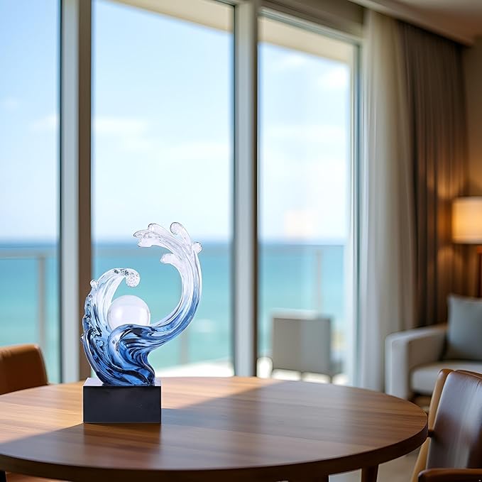 Modern Abstract Decorative Wave Statue, Gold Abstract Art Home Decor,Crystal Ball Art Wave Resin Sculpture, Office Desk Stand, Dining Table Center Decorative Aesthetics (Blue)
