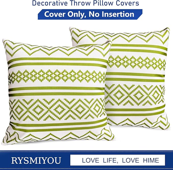 Decorative Throw Pillow Covers Set of 2 Grass Green Boho Pillow Covers 18x18 Inch Throw Pillow Cover Linen Pillowcase Modern Farmhouse Outdoor Pillow Covers for Couch Sofa Bed Living Room