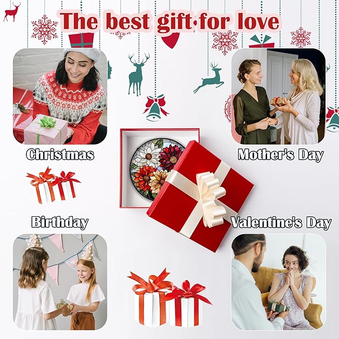 Stained Glass Window Hanging, Colorful Flowers Sun Catcher for Window Door Home Decor Plant Suncatcher Christmas Mother's Day Birthday Gifts for Women Men Mom and Nana 9.8 in