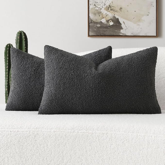 FUTEI Pack of 2 Dark Grey Decorative Throw Pillow Covers 12x20 Inch Soft Cozy Solid Boucle Textured Lumbar Pillow Cases,Modern Home Decor for Couch Bed Living Room