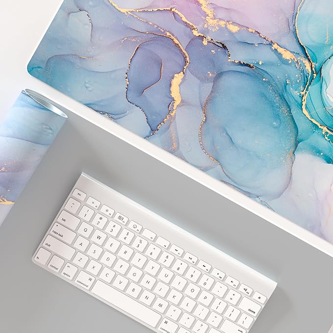 QIYI Large Mouse Pad, PU Leather Desk Mat for Desktop, Waterproof Gaming Desk Pad, Marble Full Desk Accessories Keyboard Mousepad, Abstract Art Home Office Décor 31.5" x 15.7" - Blue Pink Fluid
