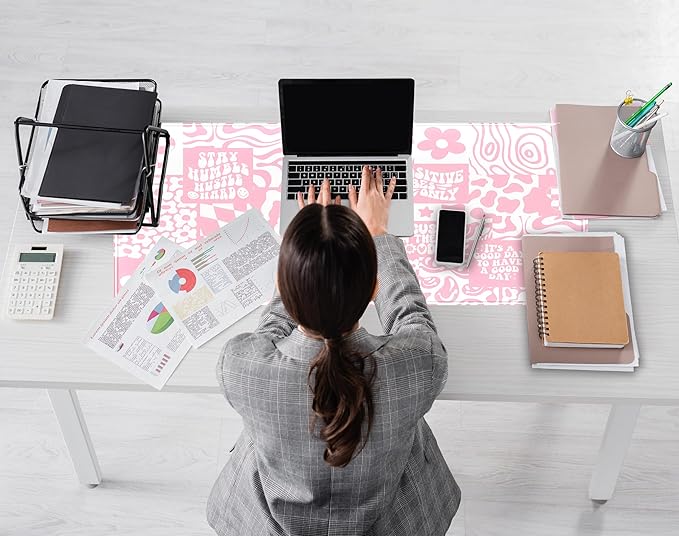 Pink Boho Desk Pad XL Large Gaming Mouse Pad Retro Hippie Boho Desk Mat with Stitched Edges, Non-Slip Rubber Base Mousepad Computer Laptop Keyboard Mouse Mat Desktop Protector Pad 31.5x11.8 in