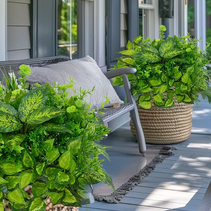 Faux Greenery for Outdoor Planters, 16 Bundles Realistic Fake Green Plastic Plants Artificial Bushes Decor Greenery for Outdoors UV Resistant for Garden Patio Porch Window Box