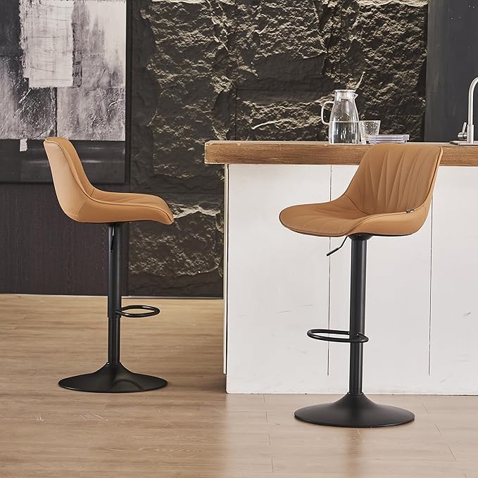YOUNIKE Saffron Bar Stools Set of 2, Tan Swivel Barstools for Kitchen Island, Adjustable Leather Padded Bar Chairs with Back, Modern Counter Height Stools with 300LBS Support