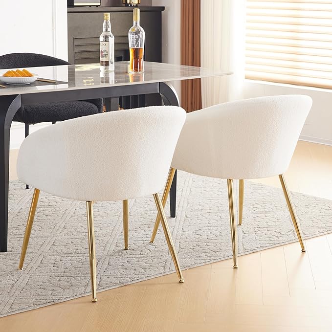 Modern Small Accent Chair Set of 2, Comfy Sherpa Makeup Vanity Chair with Golden Metal Legs, Decorative Chair no Wheels for Living Room, Dressing Room, Bedroom, White