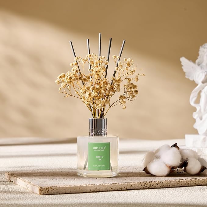 Airkeep Reed Diffuser Set,3.38 fl oz (100 ml) - White Tea Oil Diffusers with 8 Reed Sticks, Home Fragrance Reed Diffuser for Bathroom Shelf Decor
