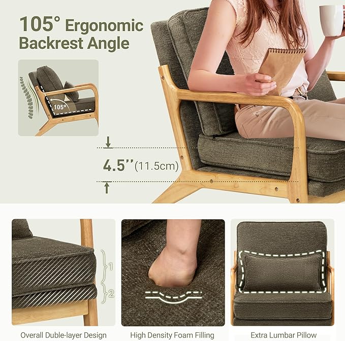 Modern Accent Chair with Lumbar Pillow, Relaxing Mid Century Chair Armchair with Solid Wood Frame & Soft Cushion, Reading Leisure Armchair for Living Room, Green