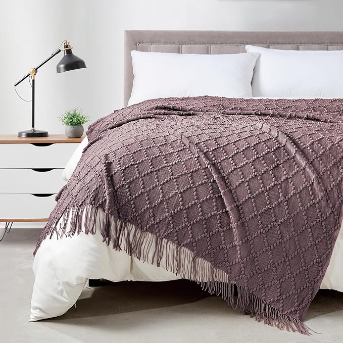 BOURINA Dark Lavender Throw Blanket 50 x70 Inches Jacquard Argyle Throw Textured Solid Soft Throws and Blankets for Sofa or Bed Knitted Decorative Blanket