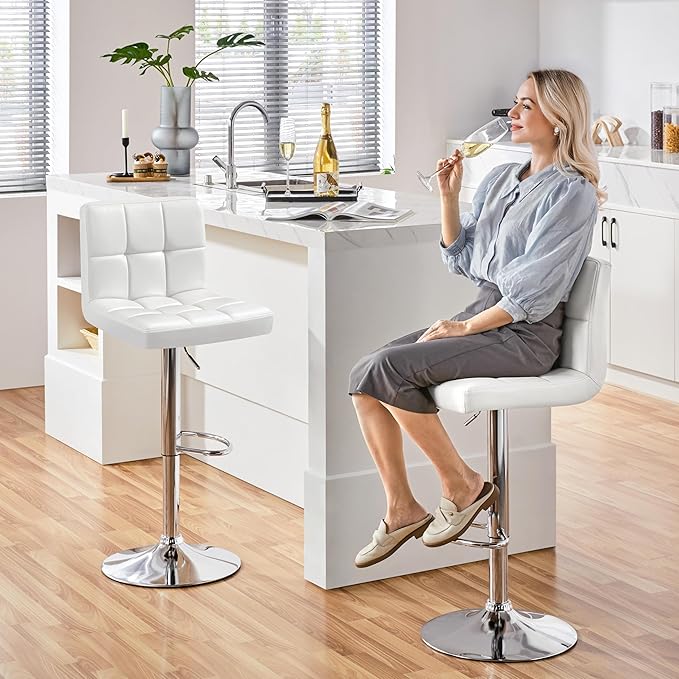 Yaheetech Bar Stools Set of 3, Adjustable PU Leather Swivel Barstools, Modern Counter Stools with Back and Footrest, Counter Height Barstools for Bar, Kitchen, Dining Room, White