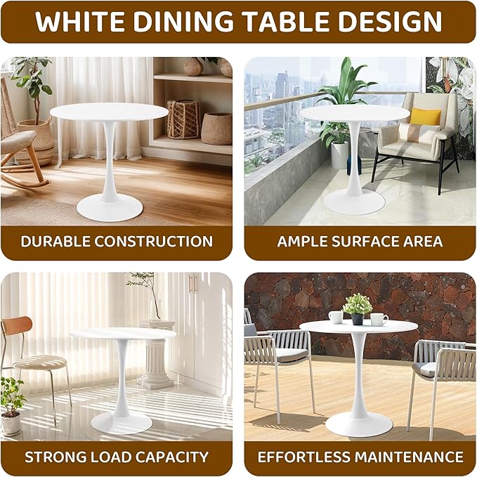 Round White Dining Table Modern Kitchen Table with Pedestal Base in Tulip Design, Mid-Century Leisure Table for 2 to 4 Person