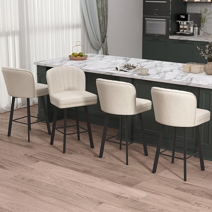 Swivel Counter Height Bar Stools Set of 4, 26'' Modern Barstools with Backs and Metal Legs, Upholstered Bar Chairs, Beige, Fabric Stools for Kitchen Island Chairs