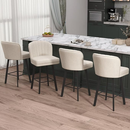 Swivel Counter Height Bar Stools Set of 4, 26'' Modern Barstools with Backs and Metal Legs, Upholstered Bar Chairs, Beige, Fabric Stools for Kitchen Island Chairs