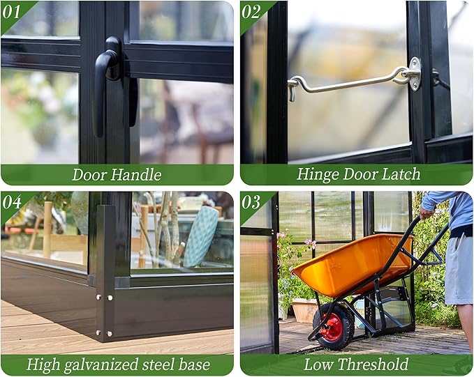 Jocisland 12x13.5x9 FT Polycarbonate Greenhouse, Outdoor Aluminum Greenhouse with 4 Ventilation,Quick Connect Fittings, 6.7 FT Height Double Doors, Fit for Backyard, Black