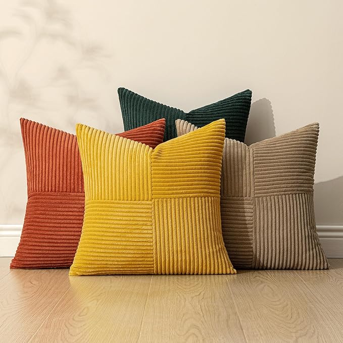 MIULEE Green Rust Throw Pillow Covers 20x20 Inch Set of 4 Boho Farmhouse Soft Corduroy Striped Cushion Cases Decorative Color-Clash Home Decor for Couch Sofa Living Room Bed