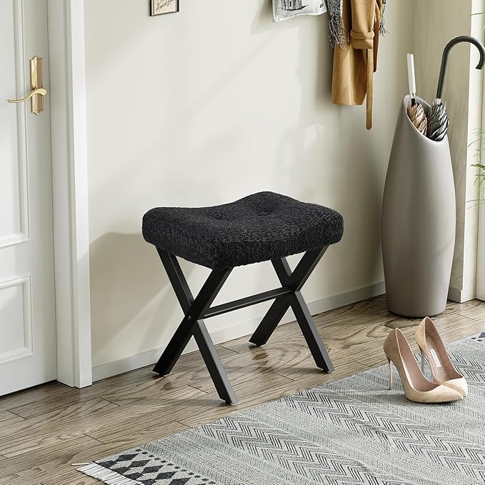 18-Inch Vanity Stool Chair, Vanity Bench with Metal X-Legs, Ottoman Accent Stool with Breathable and Soft Boucle Fabric Saddle Seat, Black
