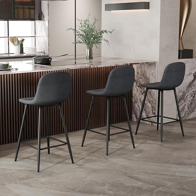 Modern Bar Stools Set of 4,Grey Techno-Fabric Counter Height Bar Stools,24.6" Bar Chairs with Back Metal Footrest,Modern Counter Stool with Back and Footrest for Kitchen Island Restaurants Pubs